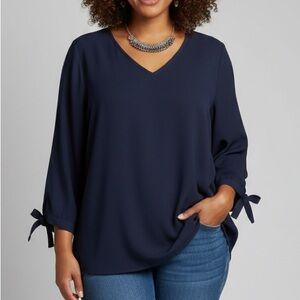 NWT DAVI & DANI Navy Blue Long Sleeve Bow Tie Cuff Blouse size 2X
